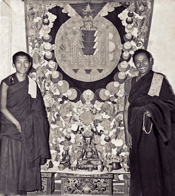 Lama Zopa Rinpoche and Lama Yeshe with a mandala applique thangka, Kopan Monastery, 1970.