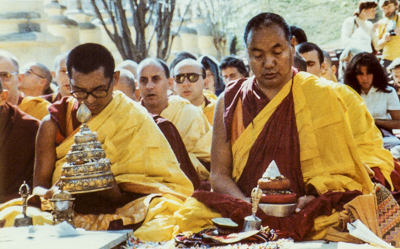 Mandala offering by Lama Zopa Rinpoche and Lama Yeshe, Bodhgaya, India, 1982.