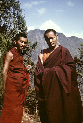 Lama Zopa Rinpoche and Lama Yeshe near Lawudo Retreat Center, Nepal, 1970. Photo by Terry Clifford.