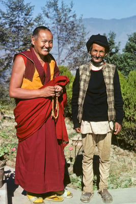 Lama Yeshe and his Nepalese friend Chowkidhar at Kopan Monastery, Kathmandu, Nepal, possibly 1978. Photo: Ursula Bernis.
