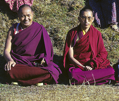 Lama Yeshe and Lama Zopa Rinpoche at the 8th Meditation Course, Kopan Monastery, Nepal, 1975.