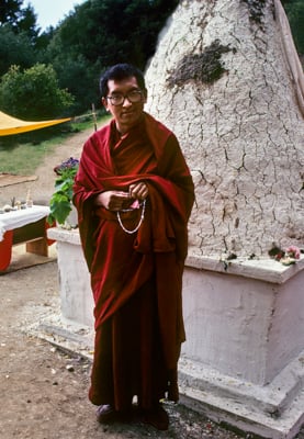 Lama Zopa Rinpoche at the cremation stupa of Lama Yeshe, Vajrapani Institute, California, 1984. Photo: Ricardo de Aratanha.