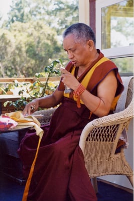 Rinpoche doing puja at his house in Aptos, California, USA. 