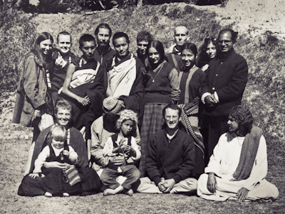 Lama Yeshe and Lama Zopa Rinpoche with students at Kopan, 1970. Zina and Rhea Rachevsky bottom left.