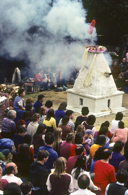 Cremation of Lama Yeshe at Vajrapani Institute, California in March, 1984. Photo: Ricardo de Aratanha.
