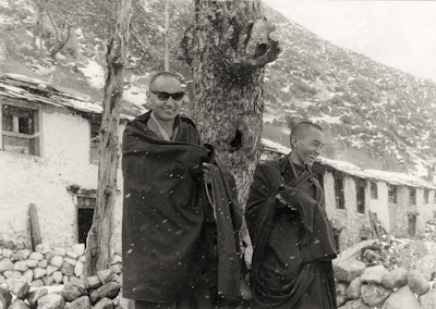 Lama Yeshe and Lama Zopa Rinpoche at Lawudo Retreat Centre, Solu Khumbu, Nepal, 1969. Photo: George Luneau.
