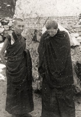 Lama Zopa Rinpoche and Zina Rachevsky at Lawudo Retreat Centre, Solu Khumbu, Nepal, 1969. Photo: George Luneau. 