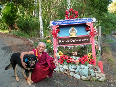 Lama Zopa Rinpoche outside his home in Aptos, CA, 2014.