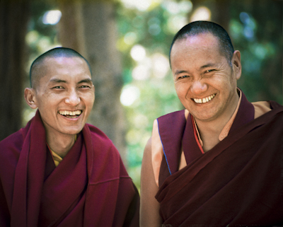 Lama Zopa Rinpoche and Lama Yeshe, Lake Arrowhead, 1975. Photo: Carol Royce-Wilder.