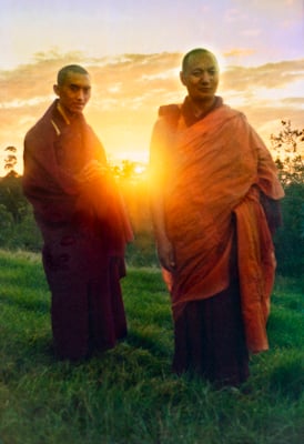 Lama Zopa Rinpoche and Lama Yeshe at dawn on Saka Dawa, Chenrezig Institute, Australia, 1975. Photo by Nick Ribush. 