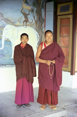 Lama Yeshe and Lama Zopa Rinpoche on the veranda at Tushita Retreat Centre, Dharamsala, India, 1973. From the collection of Adele Hulse. 