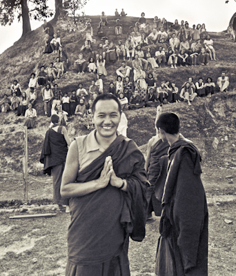Lama Yeshe with students at the Fourth Meditation Course, Kopan Monastery, Nepal, 1973.