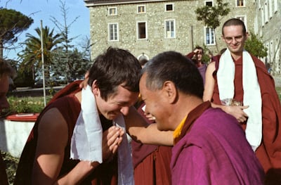  Lama with Ven Steve Carlier, ILTK, Italy, 1983; Ven Francesco Prevosti (r). Photo: Merry Colony.