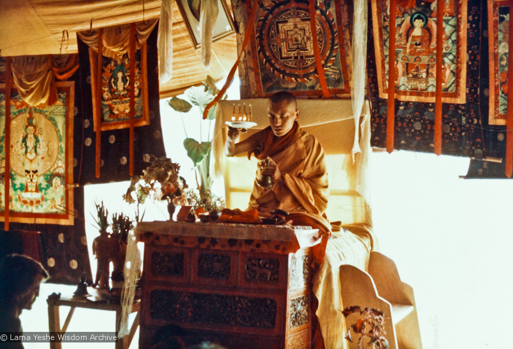 Lama Zopa Rinpoche teaching during the Fifth Meditation Course, Kopan Monastery, Nepal, 1973.