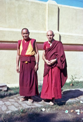 Lama Yeshe and Nick Ribush after his ordination in Bodhgaya, India, 1974.