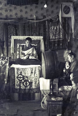 Lama Zopa Rinpoche and Lama Yeshe at the Seventh Meditation Course at Kopan Monastery, Nepal, 1974.