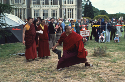 Lama Yeshe &quot;wellie wanging&quot; at Manjushri Institute&#039;s Open Day in August 1979. Photo: Brian Beresford.