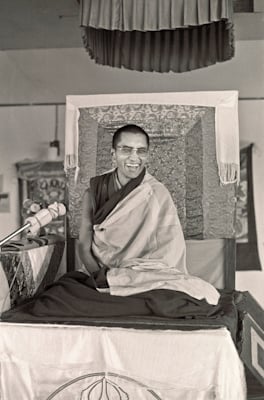 Lama Zopa Rinpoche teaching at Chenrezig Institute, Australia, 1976.