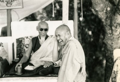 Lama Yeshe and His Holiness Zong Rinpoche at Vajrapani Institute, California, 1978. Photo from the collection of Francesco Prevosti. Photographer unknown.