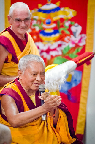 Lama Zopa Rinpoche with Ven. Roger Kunsang at Tse Chen Ling Center, San Francisco, California, October 2012. Photo: Chris Majors.