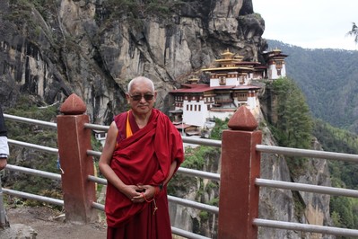 Lama Zopa Rinpoche at Paro Taktsang Monastery, Bhutan, May 2016. Photo: Lobsang Sherab.