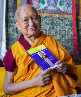 Lama Zopa Rinpoche with LYWA publication &quot;The Nectar of Bodhicitta&quot;, October 2021. Photo: Lobsang Sherab.
