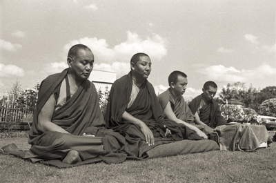 Lama Yeshe, Geshe Tegchok, Jamyang Rinpoche, and Lama Zopa Rinpoche at Manjushri Institute, England, 1979. Photo: Brian Beresford.
