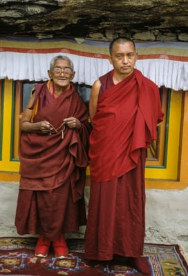 Lama Zopa Rinpoche with Ama-la (his mother) at Lawudo Retreat Center, Nepal, 1990. Photo: Merry Colony.