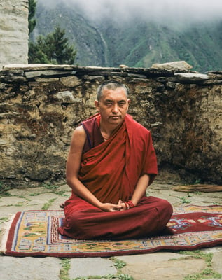Lama Zopa Rinpoche at Lawudo Retreat Centre, Nepal, 1990. Photo: Merry Colony.