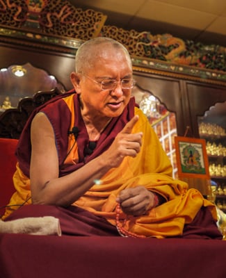 Lama Zopa Rinpoche teaching in Hong Kong, 2010. Photo by Ven. Thubten Kunsang (Henri Lopez).