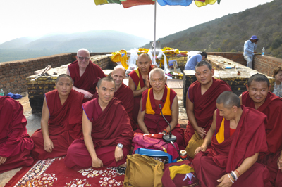 Lama Zopa Rinpoche with Sangha at Vulture&#039;s Peak, Rajgir, 12 March 2014. Photo: Thubten Jangchub.