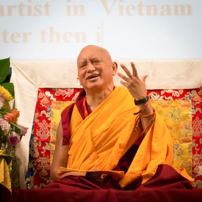 Lama Zopa Rinpoche at the Light of the Path Retreat, USA, 2014. Photo: Roy Harvey.