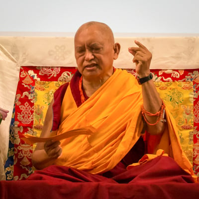 Lama Zopa Rinpoche teaching at Light of the Path rereat, North Carolina, USA, 2014. Photo: Roy Harvey.