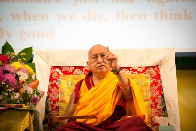 Lama Zopa Rinpoche at the Light of the Path Retreat, North Carolina, USA, May 2014. Photo: Roy Harvey.