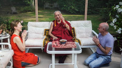 Lama Zopa Rinpoche with Wendy Cook and Nicholas Ribush, Massachusetts, USA, Sept. 2010. 