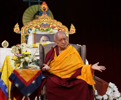 Lama Zopa Rinpoche teaching at the Great Stupa of Universal Compassion, Bendigo, Australia, 2014.   