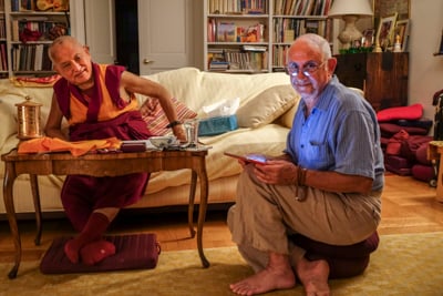 Lama Zopa Rinpoche with Nick Ribush in NYC 2015. Photo: Roger Kunsang.