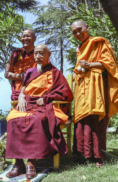 Lama Yeshe, His Holiness Zong Rinpoche and Lama Zopa Rinpoche at EEC1, Dharamsala, India, 1982.