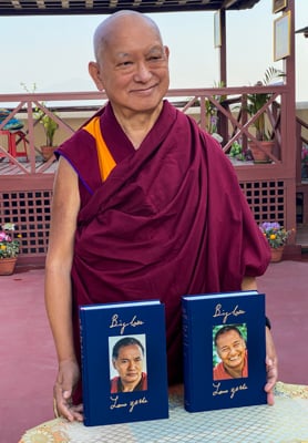Lama Zopa Rinpoche with copies of Big Love, Kopan Monastery, Nepal, April 2020. Photo: Ven. Roger Kunsang.
