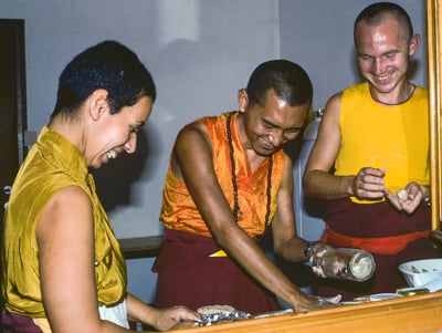 Lama Zopa Rinpoche with Zia Bassam and Helmut Hohm, Germany 1979.