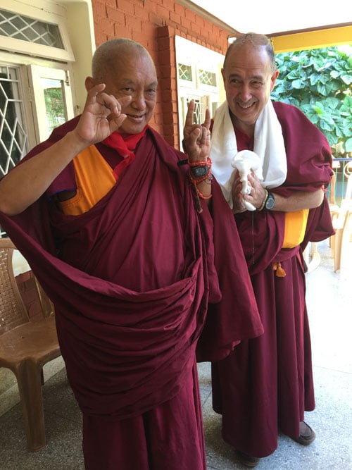 Lama Zopa Rinpoche with Ven. Thubten Kunsang, Sera Monastery, India, January 2016. Photo by Ven. Roger Kunsang.