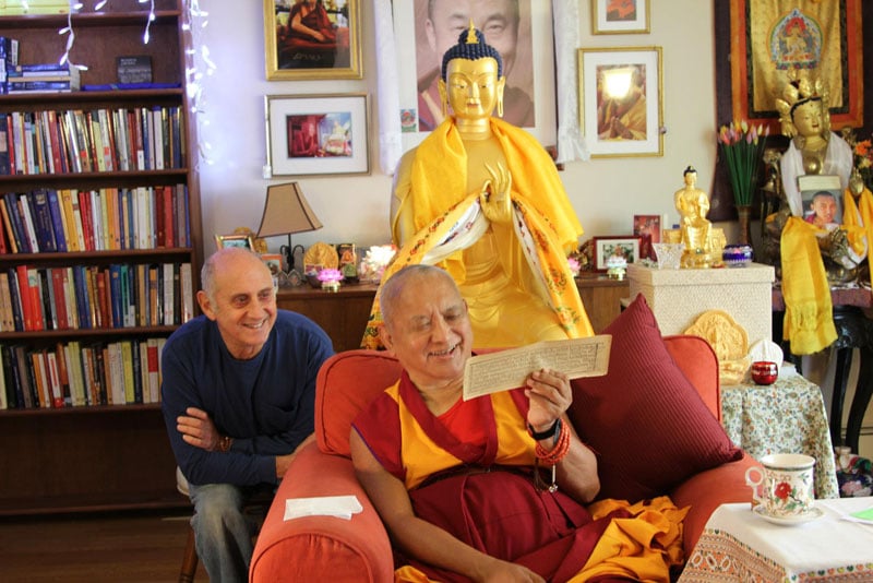 Lama Zopa Rinpoche and Nick Ribush, LYWA office, Lincoln, MA October 2012.