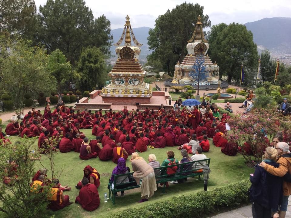 Lama Zopa Rinpoche at Kopan leading pujas after Nepal earthquakes, 2015.