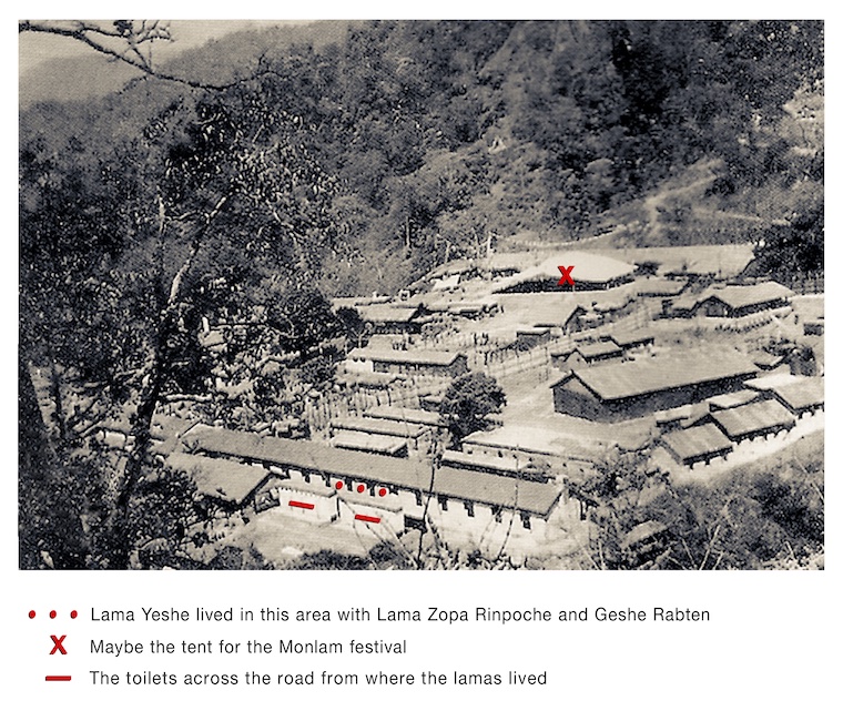 The first monastic institution established by the Tibetan refugees in exile at Buxa Duar, India, 1959. Notes are by Lama Zopa Rinpoche. Photo courtesy of Tibet Museum.
