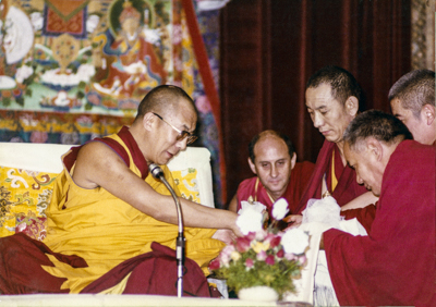 His Holiness the Dalai Lama with Lama Yeshe, Ven. Peljor and Nick Ribush at Tushita&#039;s second Dharma Celebration in New Delhi, 1982. 