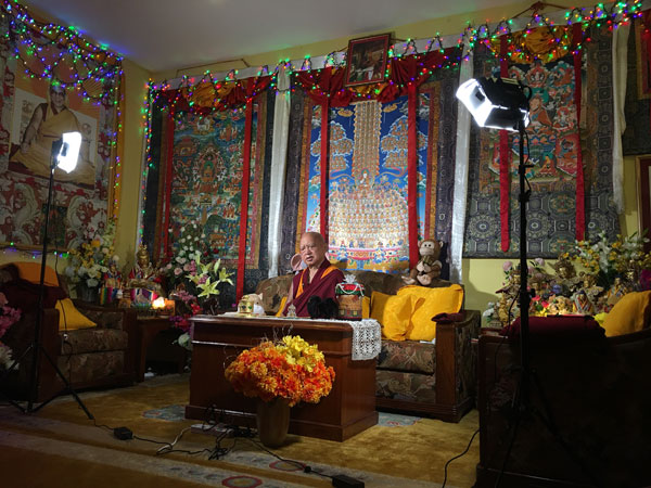 Lama Zopa Rinpoche teaching from Kopan, May 2020. Photo: Ven. Tenzin Tsomo.