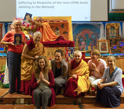 LYWA Staff presenting Abiding in the Retreat to Lama Zopa Rinpoche, North Carolina, 2017. Photo: Ven Sherab.