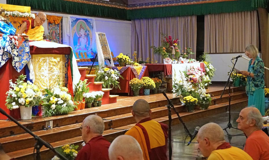 Merry Colony offering praise to Lama Zopa Rinpoche during the long life puja at the Light of the Path retreat, North Carolina, US, September 2017. Photo by Ven. Lobsang Sherab.