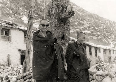 Lama Yeshe and Lama Zopa Rinpoche at Lawudo Retreat Centre, Solu Khumbu, Nepal, 1969. Photo: George Luneau.