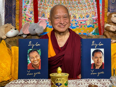 Lama Zopa Rinpoche with Big Love, Kopan Monastery, Nepal, April 2020. Photo: Ven. Roger Kunsang.